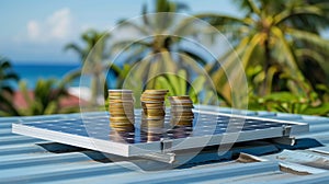 Stacks of coins are balanced on top of a solar panel installed on a flat roof. The coins glisten in the sunlight