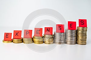 Stacks of coins and `expenses` text. Increased expenses and monthly costs.