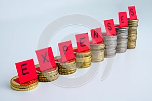 Stacks of coins and `expenses` text. Increased expenses and monthly costs.