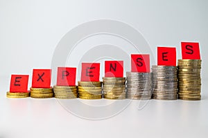 Stacks of coins and `expenses` text. Increased expenses and monthly costs.