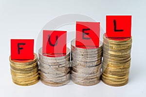 Stacks of coins and `fuel` text. Rising fuel prices