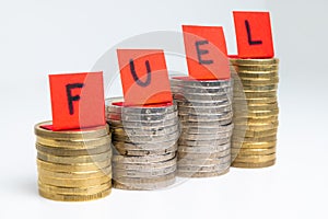 Stacks of coins and `fuel` text. Rising fuel prices