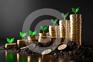 Stacks of coins with green sprouts representing investment and earnings growth