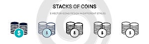 Stacks of coins icon in filled, thin line, outline and stroke style. Vector illustration of two colored and black stacks of coins