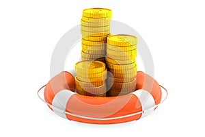 Stacks of coins with lifebuoy