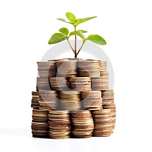 Stacks of coins, Money with plants sprout on top, Wealth growing step by step, Finance and accounting concept,AI generated