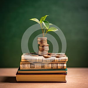 Stacks of coins, Money with plants sprout on top, Wealth growing step by step, Finance and accounting concept,AI generated