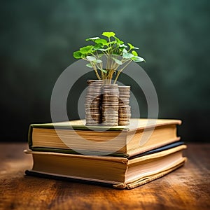 Stacks of coins, Money with plants sprout on top, Wealth growing step by step, Finance and accounting concept,AI generated