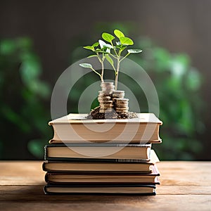 Stacks of coins, Money with plants sprout on top, Wealth growing step by step, Finance and accounting concept,AI generated