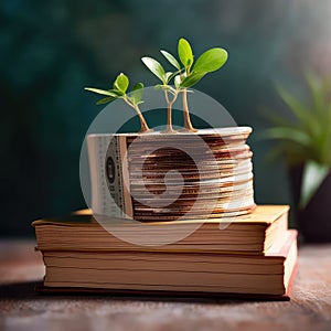 Stacks of coins, Money with plants sprout on top, Wealth growing step by step, Finance and accounting concept,AI generated