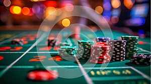 Stacks of colorful chips on a vibrant roulette table, capturing the excitement and anticipation of casino gambling.