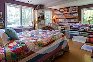 stacks of colorful quilts in a cozy and welcoming room