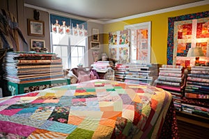 stacks of colorful quilts in a cozy and welcoming room