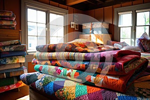 stacks of colorful quilts in a cozy and welcoming room