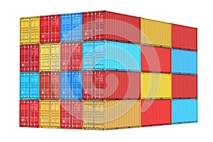 Stacks of colorful sea cargo containers at the docks as a concept of import, export and logistic. 3d rendering