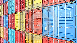 Stacks of containers at the docks from Cargo freight ship for import export. 3d rendering Illustration background