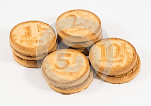 Stacks of cookies as the ruble coins rating one, two, five, ten