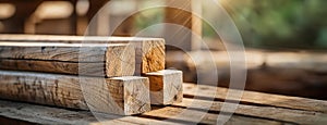 Stacks of cut timber in warm sunlight, hinting at fresh construction. A sturdy pile of processed wood awaits its