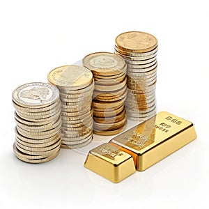 Stacks of 3D coins and stack of gold bars isolated on transparent background