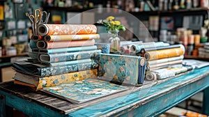A Creative Workspace with Stacks of Decorative Paper Rolls and Crafting Supplies photo