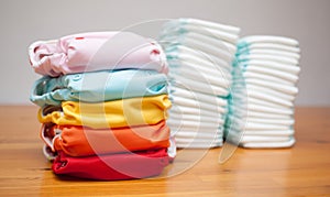 Stacks of disposable diapers and modern cloth diapers