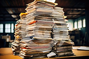 Stacks of documents on the desk in the office. Stack of papers. A large stack of old archival documents, AI Generated