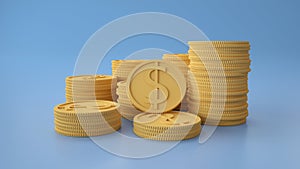 Stacks of dollar coins on blue background. Finance , savings,investment 3d illustration