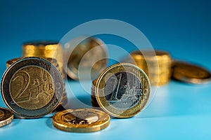 Stacks of euro cent coins and one and two euro coins