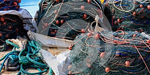 Stacks of fishing nets at Marsaxlokk port, Malta