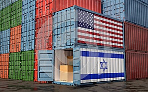 Stacks of Freight containers. USA and Israel flag.