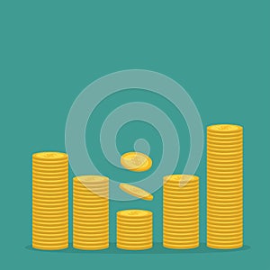 Stacks of gold coin icon. Diagram shape. Dollar sign symbol. Cash money. Going up graph. Income and profits. Growing business conc