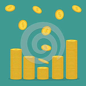 Stacks of gold coin icon flying falling down. Diagram shape. Dollar sign symbol. Cash money. Going up graph. Income and profits. G