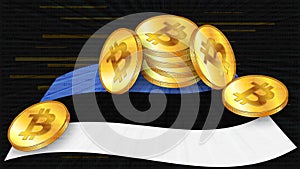 Stacks of gold coins of Bitcoin BTC on colored flag of Estonia on dark digital background. Central Bank of Estonia adopts laws on