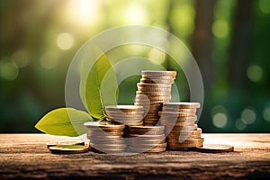 Stacks of gold coins with fresh green leaf on a wooden surface. bokeh green background with warm sunlight. Green Investment Growth