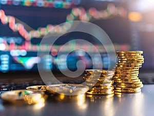 Stacks of gold coins and jewellery on a table next to a laptop