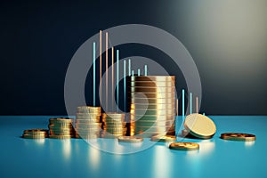 Stacks of gold coins money against a minimal teal background with diagram