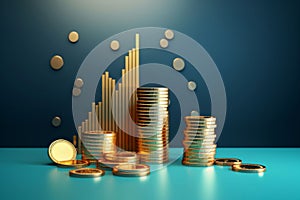 Stacks of gold coins money cash on blue background with growing graphs. Business investment concept