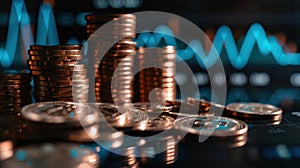 The stacks of gold coins. AI generated