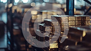 Stacks of golden bars in a warehouse with soft industrial lighting photo
