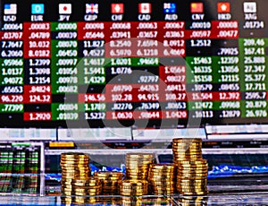 Stacks of golden coins and the financial chart as background.