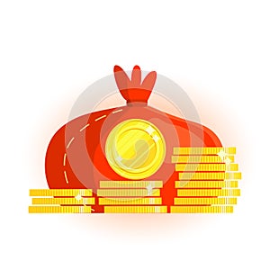 Stacks golden shiny coins with bag. Vector round coin side view. Bag with money