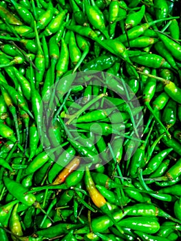 Stacks of green chilies in the supermarket