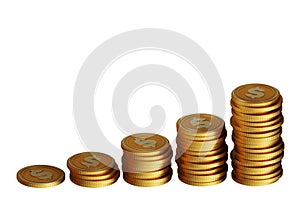 Stacks of growing gold coins - 3d rendering