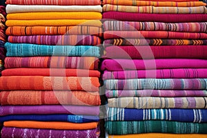 stacks of handwoven rugs in vibrant colors