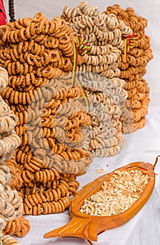 Stacks of home-made ring-shaped rolls for sale