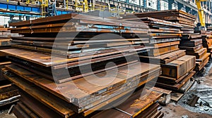 Stacks of hotrolled steel sheets in factory setting