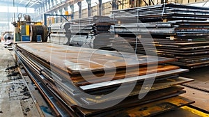 Stacks of hotrolled steel sheets in factory setting