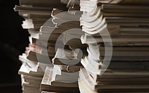 Stacks of magazines close up