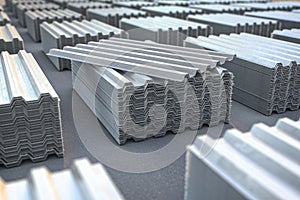 Stacks of metal corrugated sheets, steel zinc or galvanized wave shaped profile  sheets for roof construction