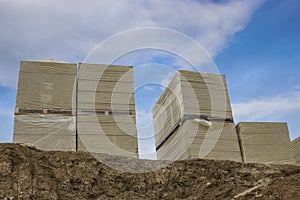 Stacks of mineral rock wool board insulation